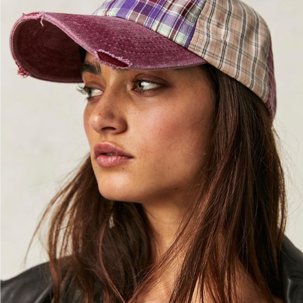 NWOT Free People Crossroads Mixed Plaid Baseball Hat Berry Combo